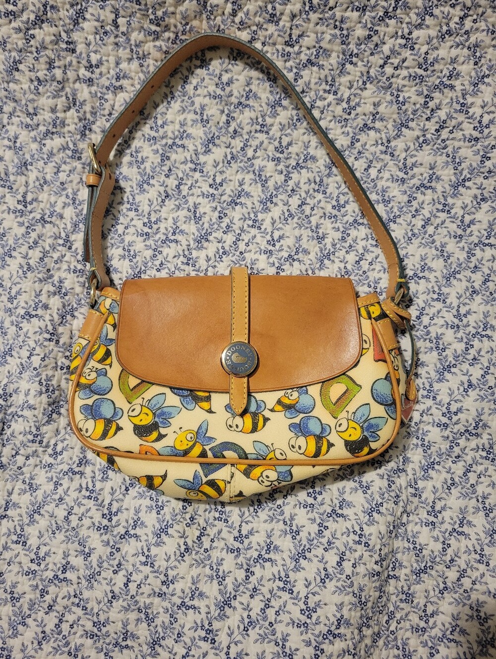 Dooney & Bourke Yellow Bee Print Leather Flap Shoulder Bag